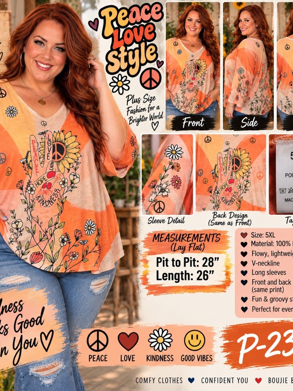 P-237 — Peace, Love & Good Vibes Plus-Size Top ✌️🌼